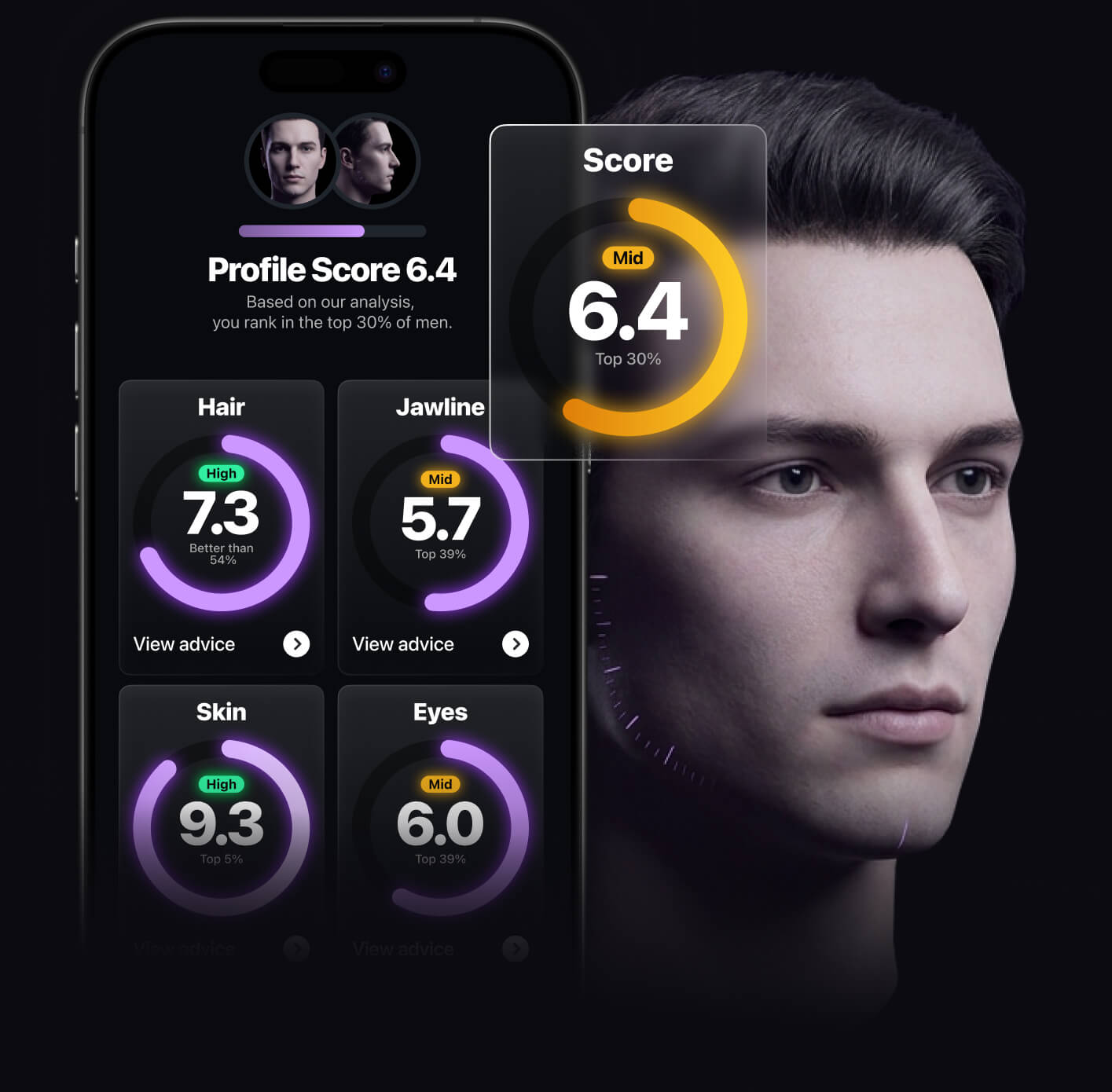 Busto de maniquí 3D en vista de tres cuartos con superposición de malla de proporción áurea de Fibonacci.