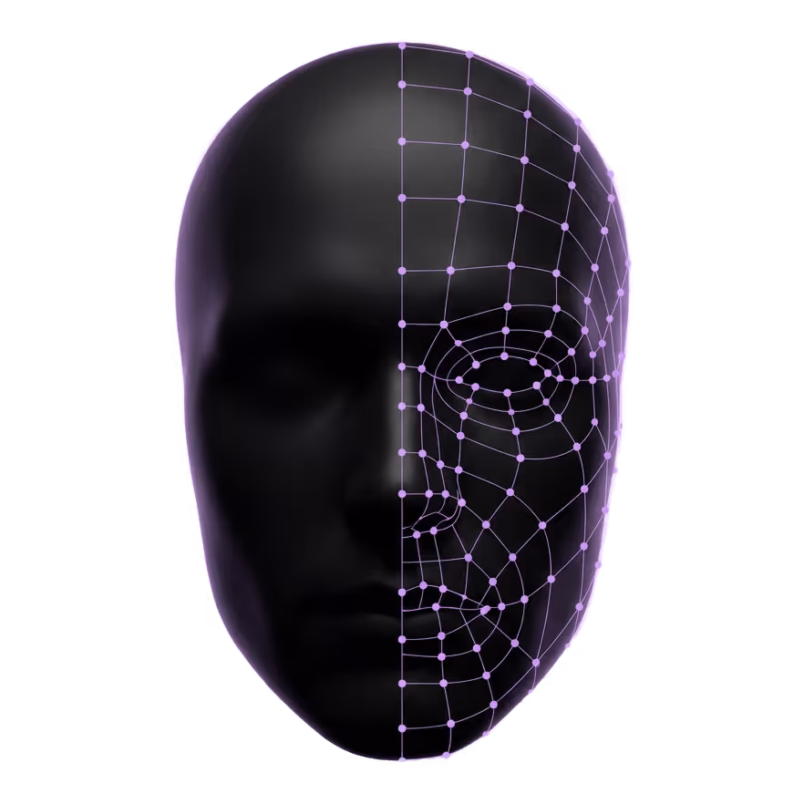 Forma facial esculpida con malla densa de puntos de referencia IA que mapean la geometría facial en 28 puntos de medición.