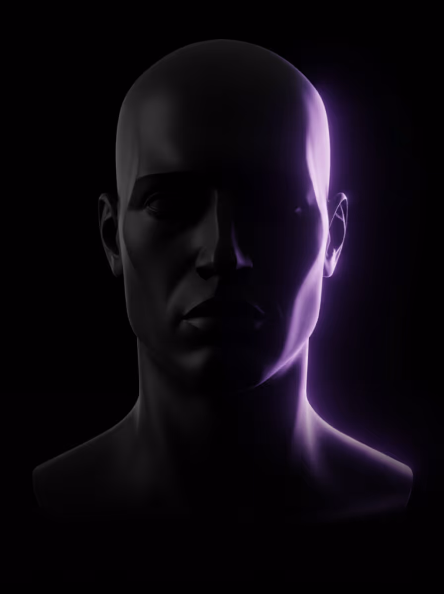 Superficie de pómulo de porcelana suave con luz de horizonte lavanda brillante en ángulo rasante.